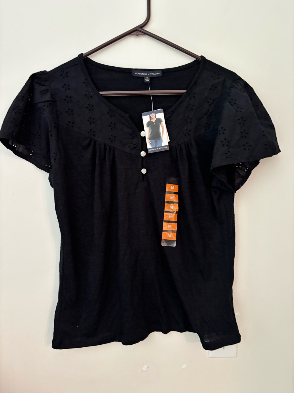 Adrienne Vittadini Black Eyelet Yoke Short Sleeve Top